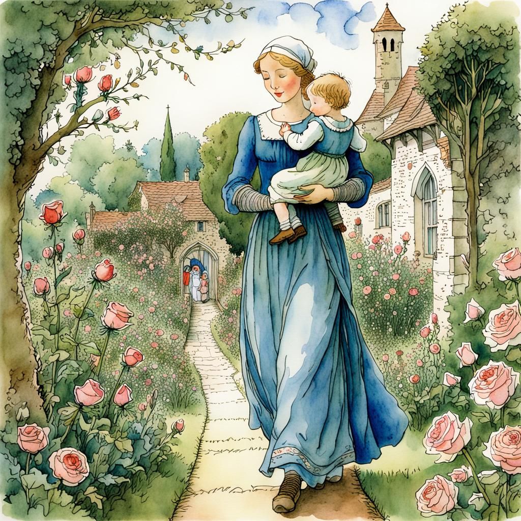 Medieval Mother and Son in Rose Garden Illustration