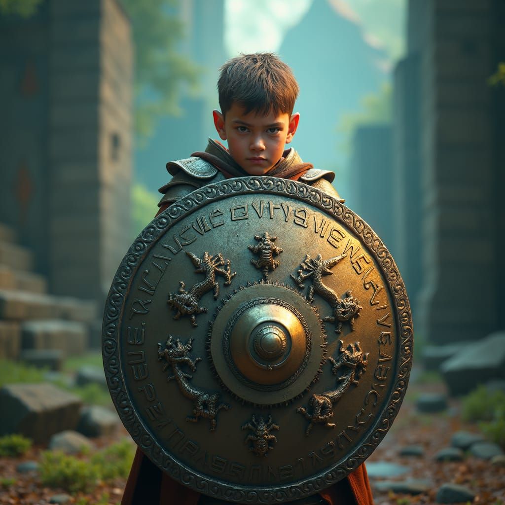 Boy with Ornate Shield in Fantasy Concept Art