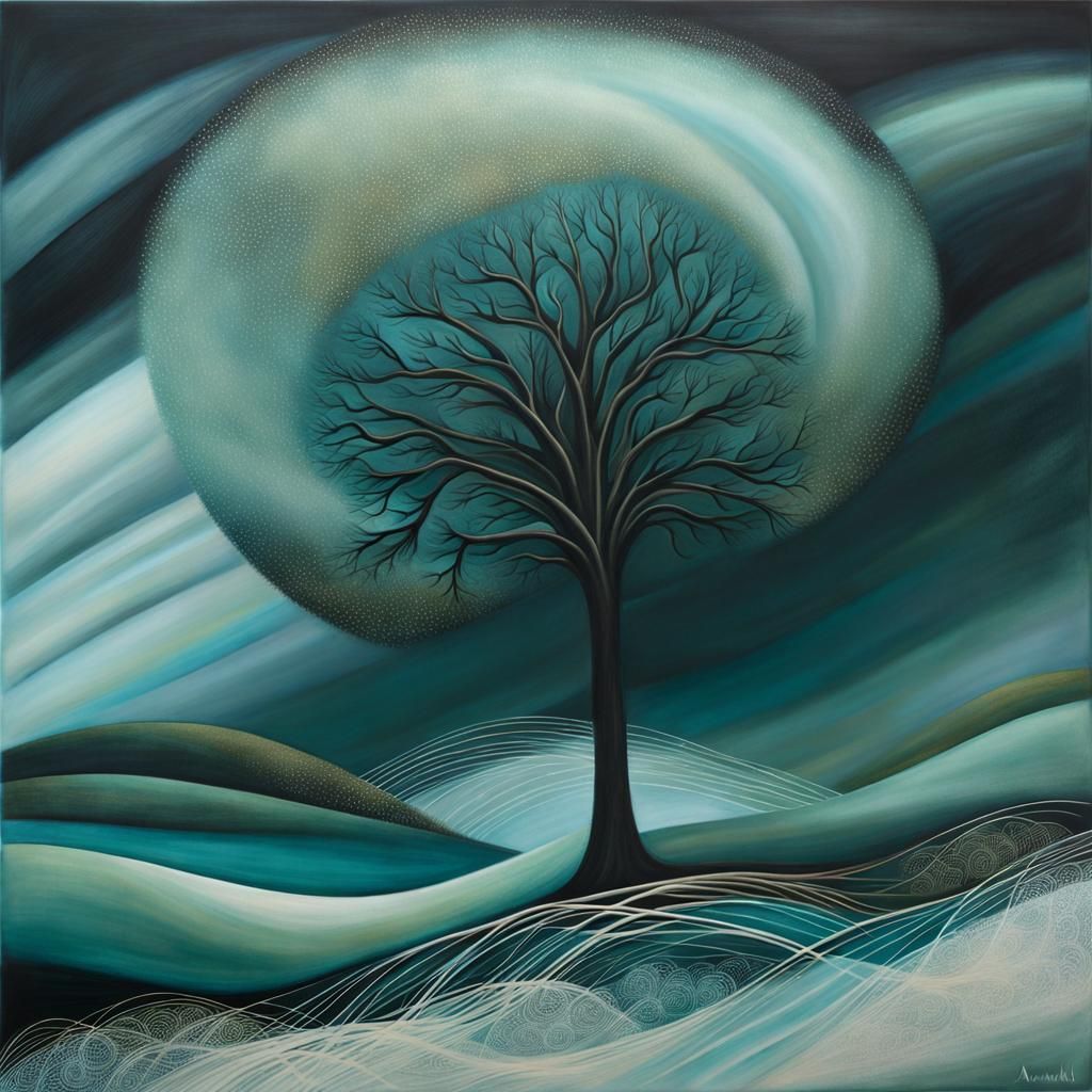 Surreal Double Exposure Tree in Windy Landscape