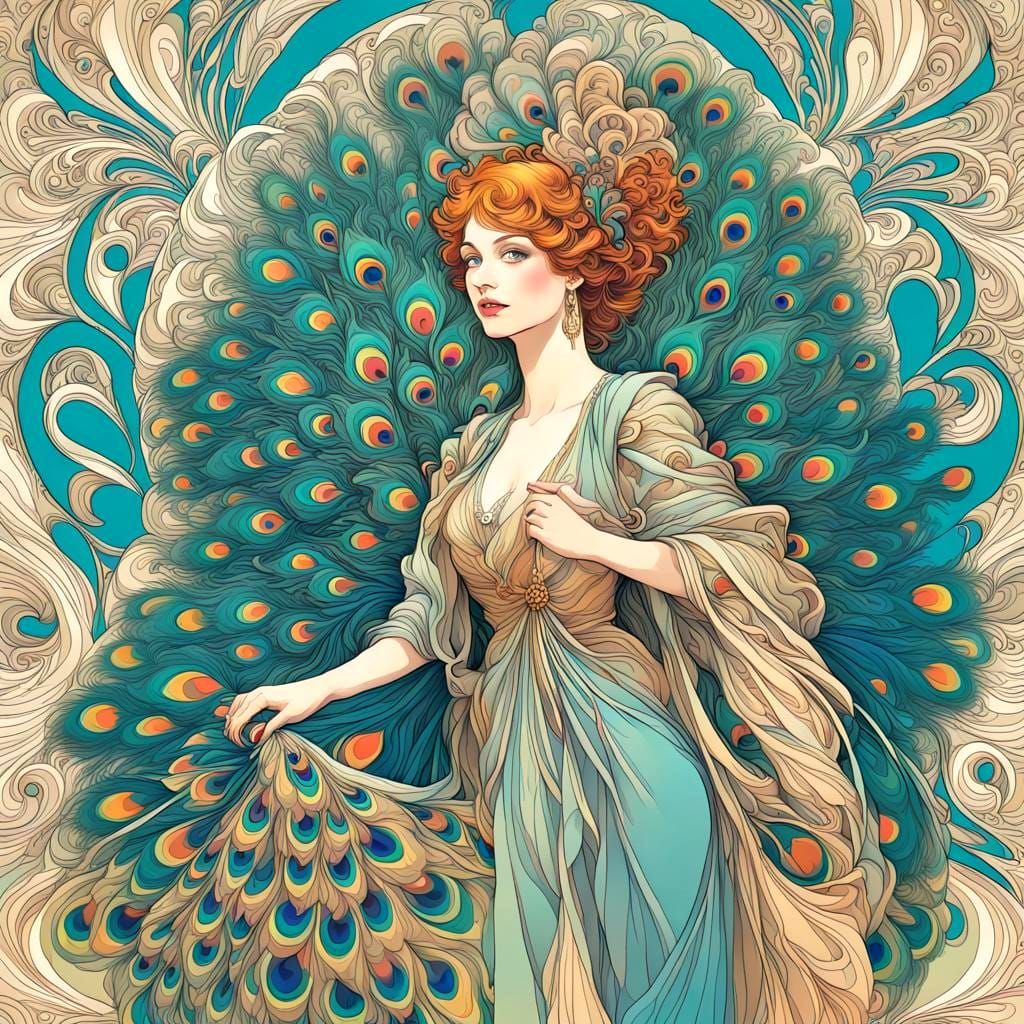 Woman in Peacock Colors, Art Nouveau Style