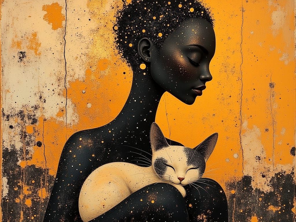 Woman and Cat in Impasto Oil Painting