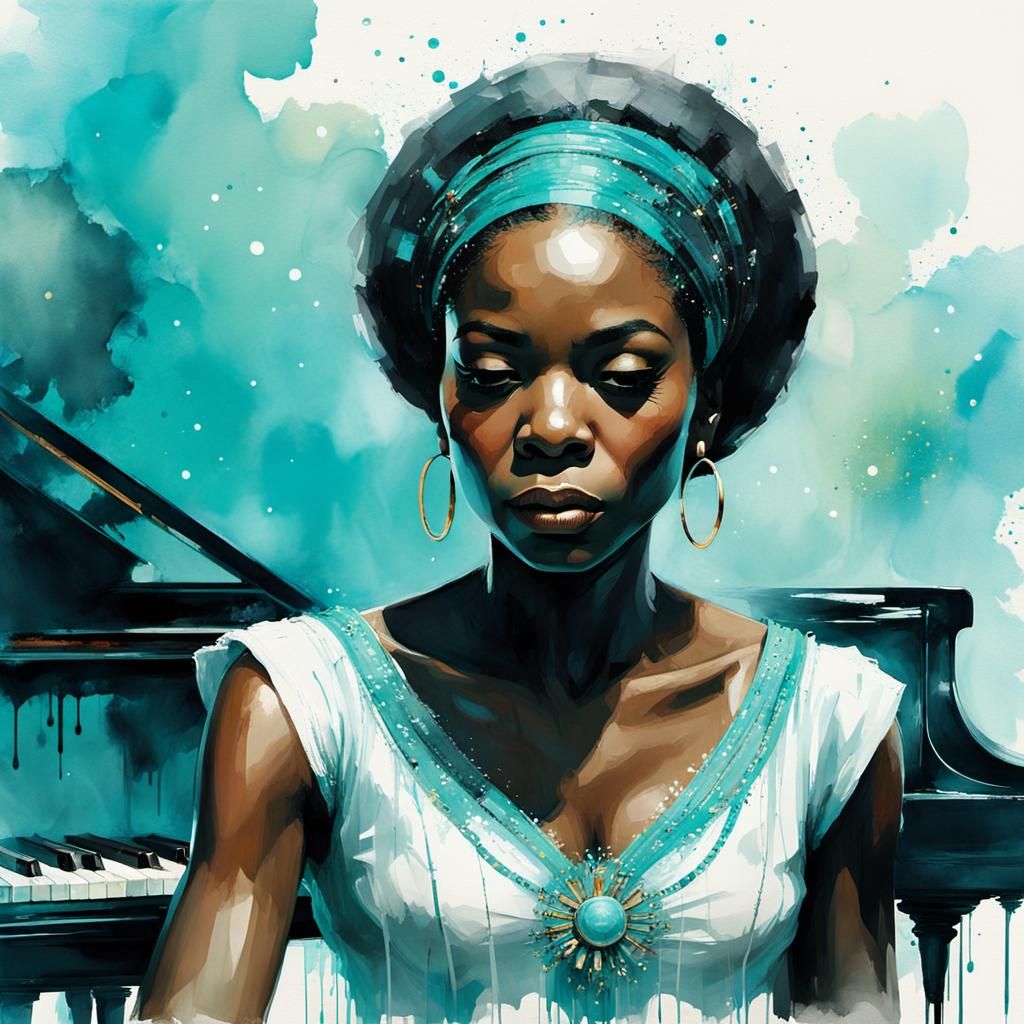 Nina Simone Piano Composition in Watercolor Style