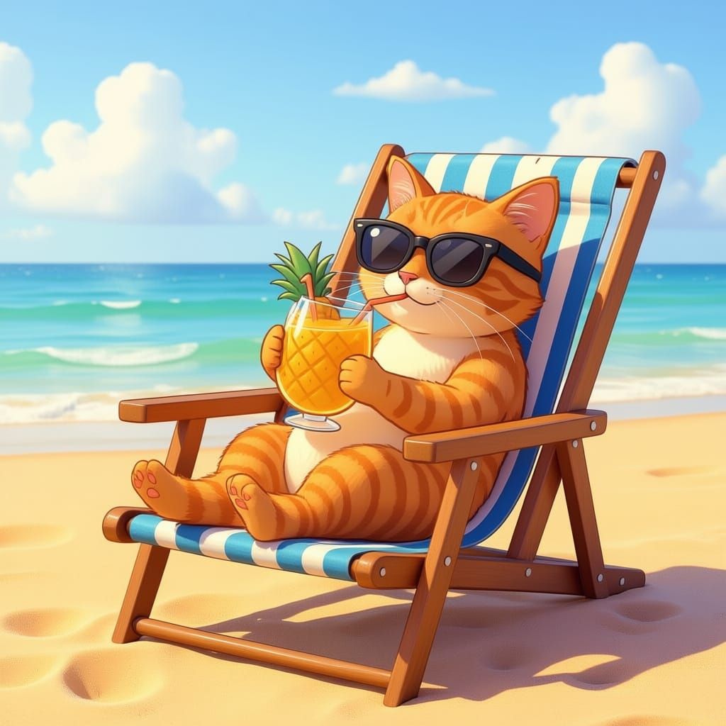 Cool Cat Lounging by Pool with Pineapple Drink
