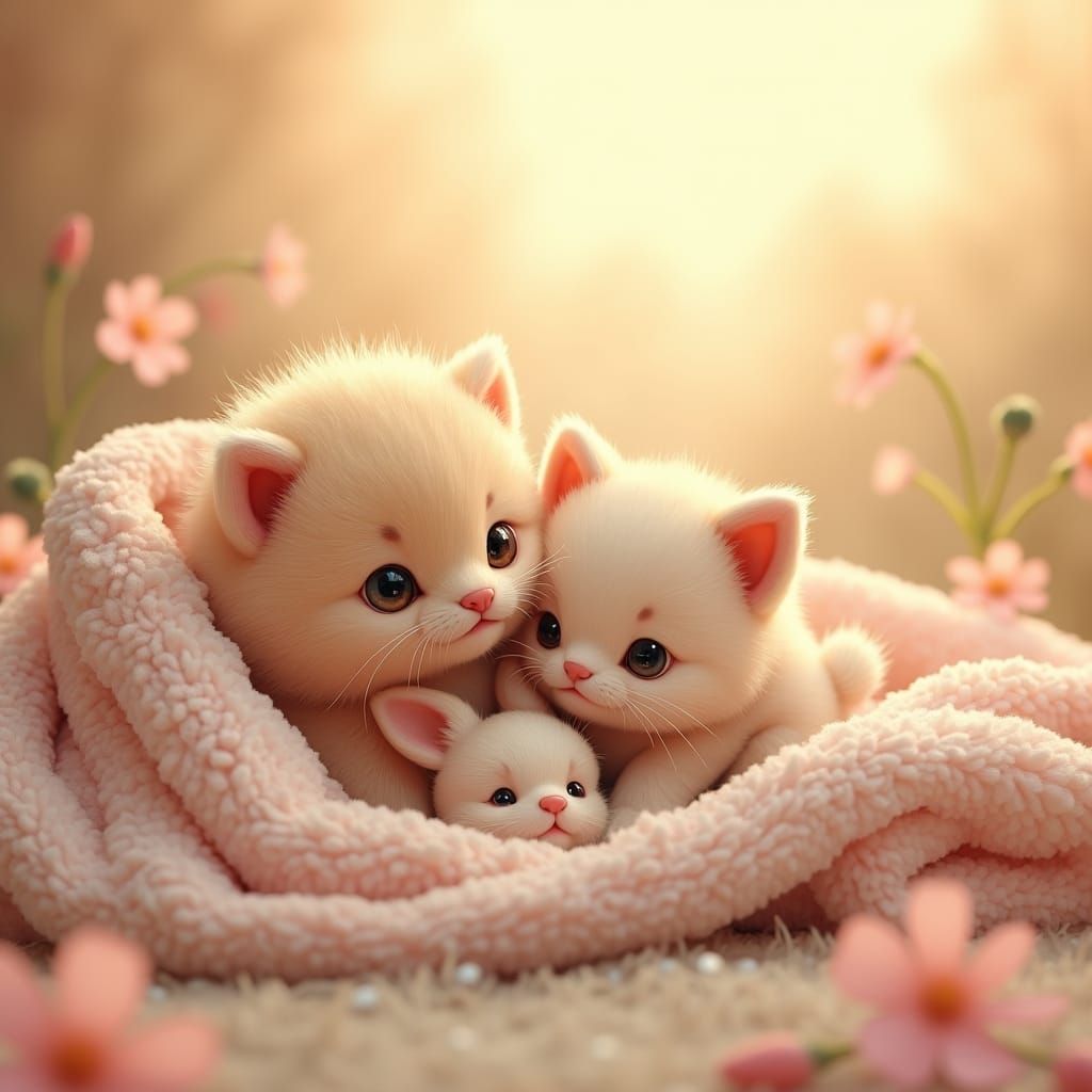 Heartwarming Scene with Kitten, Puppy, and Bunny