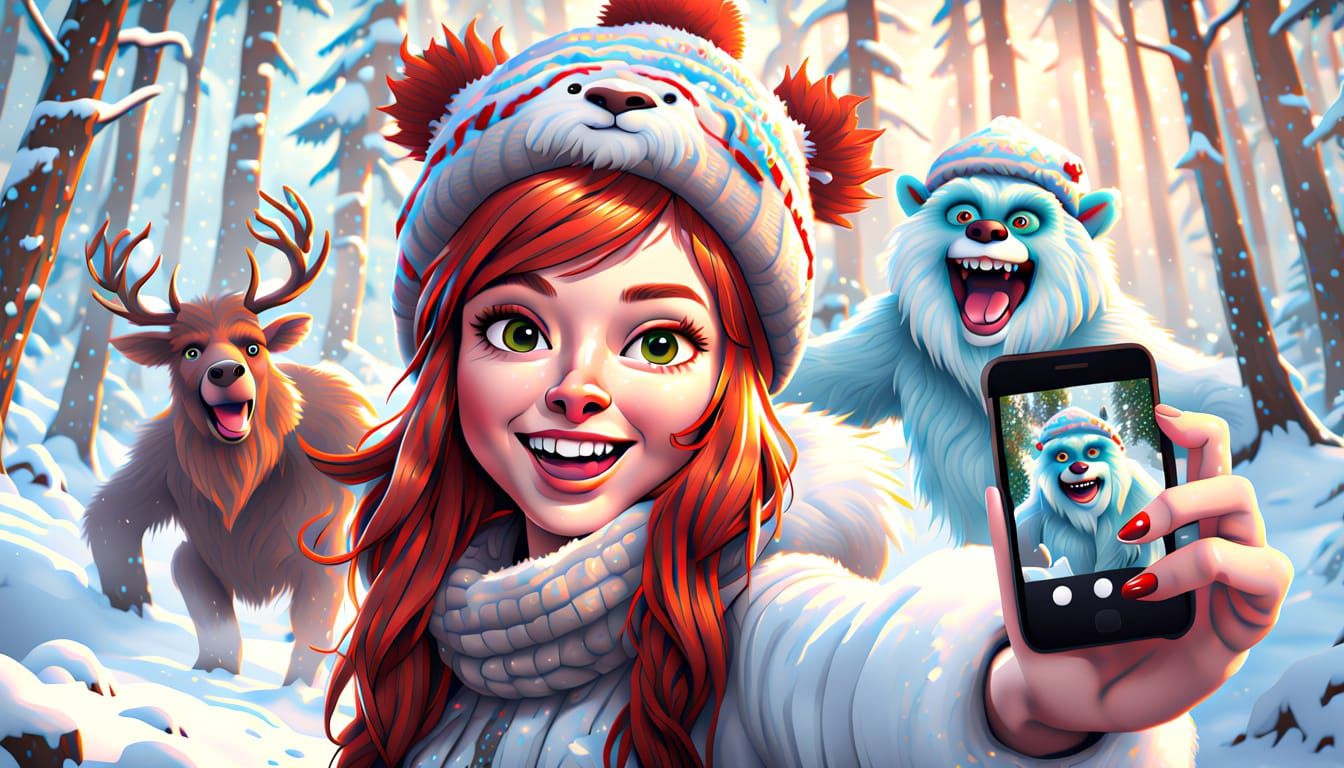 Smiling Queen Surprised by Mischievous Yeti in Snowy Forest