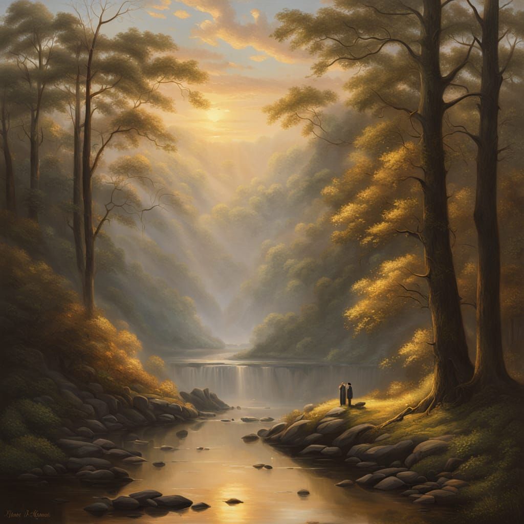 Clockmaker in Forest: Hudson River School Oil Painting