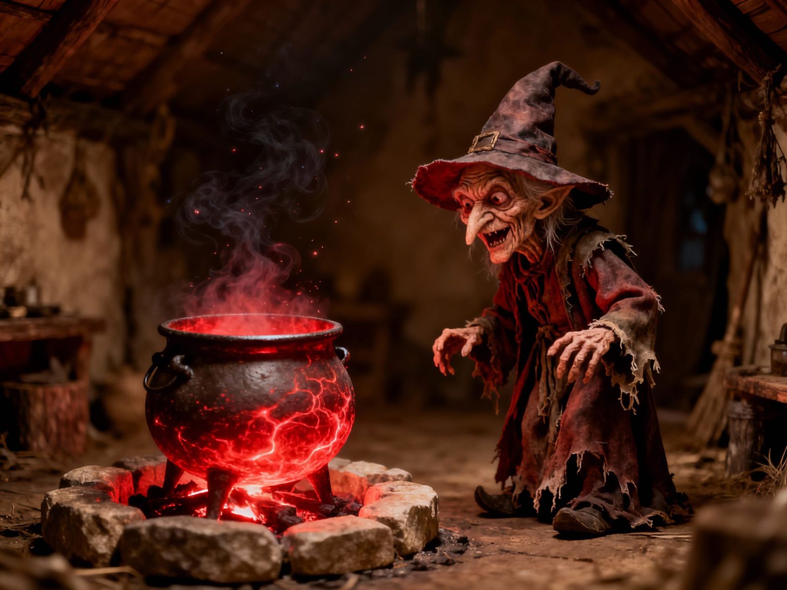 Scary Old Witch Brewing Magic in Energy Cauldron