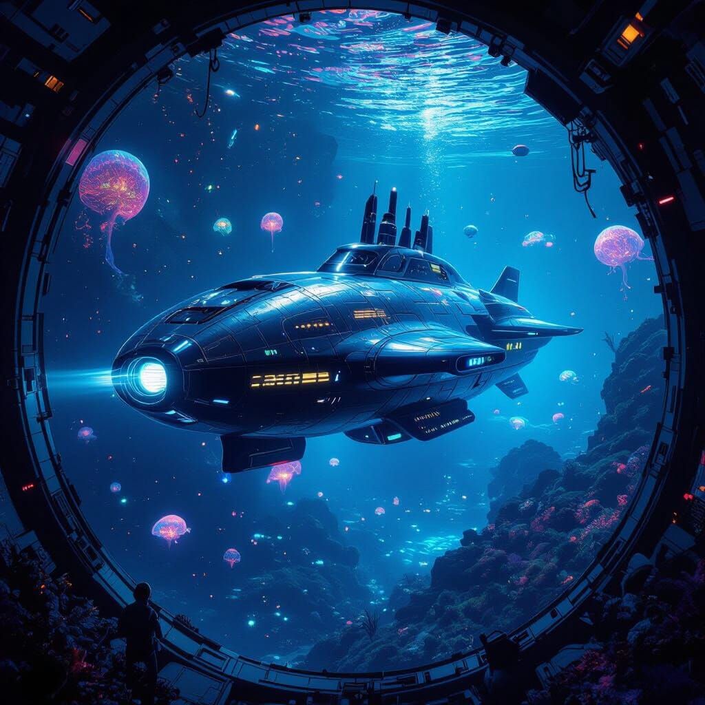 Futuristic Submarine Exploring Bioluminescent Alien Ocean