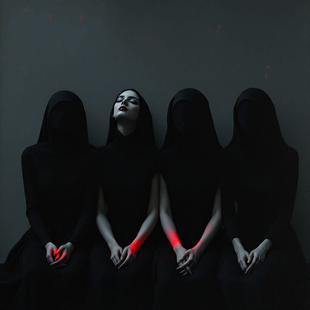 Four Women in Crimson Light, Gothic Peace Oil Painting