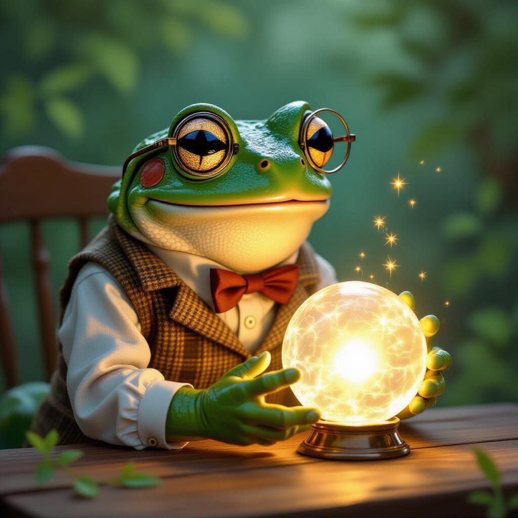 Anthropomorphic Frog Examines Glowing Orb in Storybook Style