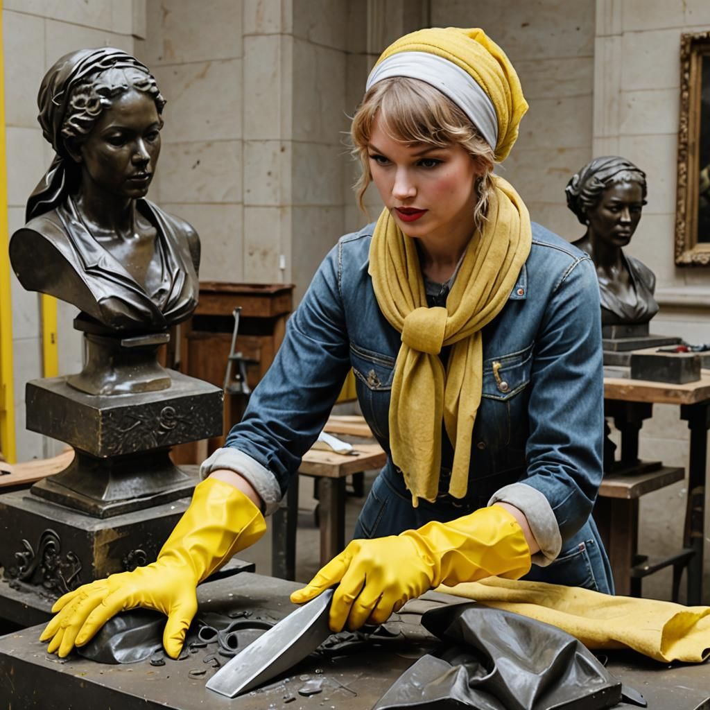 Figure Cleaning Sculpture with Cloth, Headscarf and Gloves