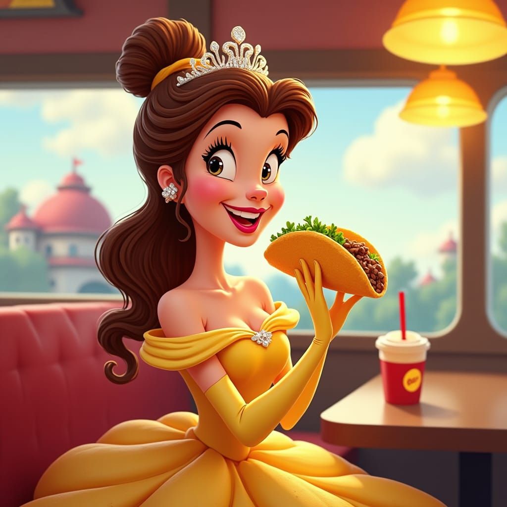 Princess Belle Eats a Taco at Taco Bell