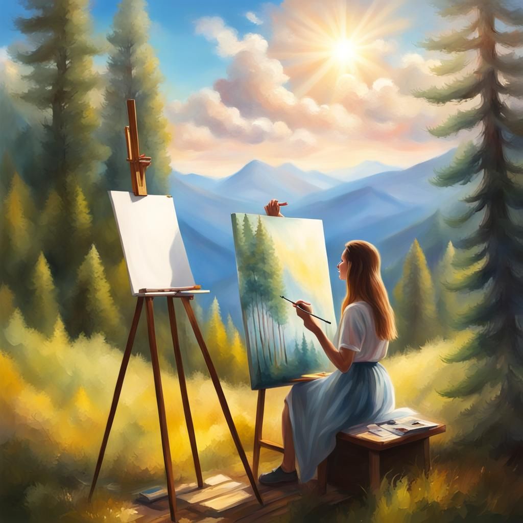 Girl Painting in Mountain Landscape with Sunshine
