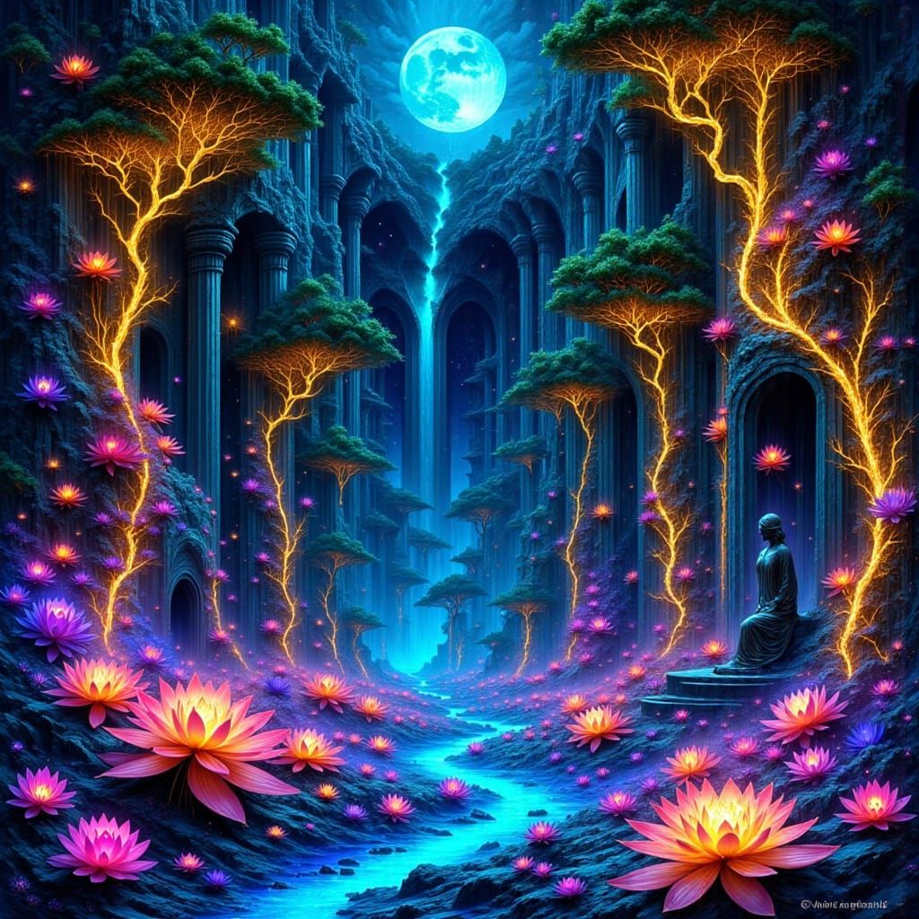 Ancient Temple Transformed by Glowing Orchids