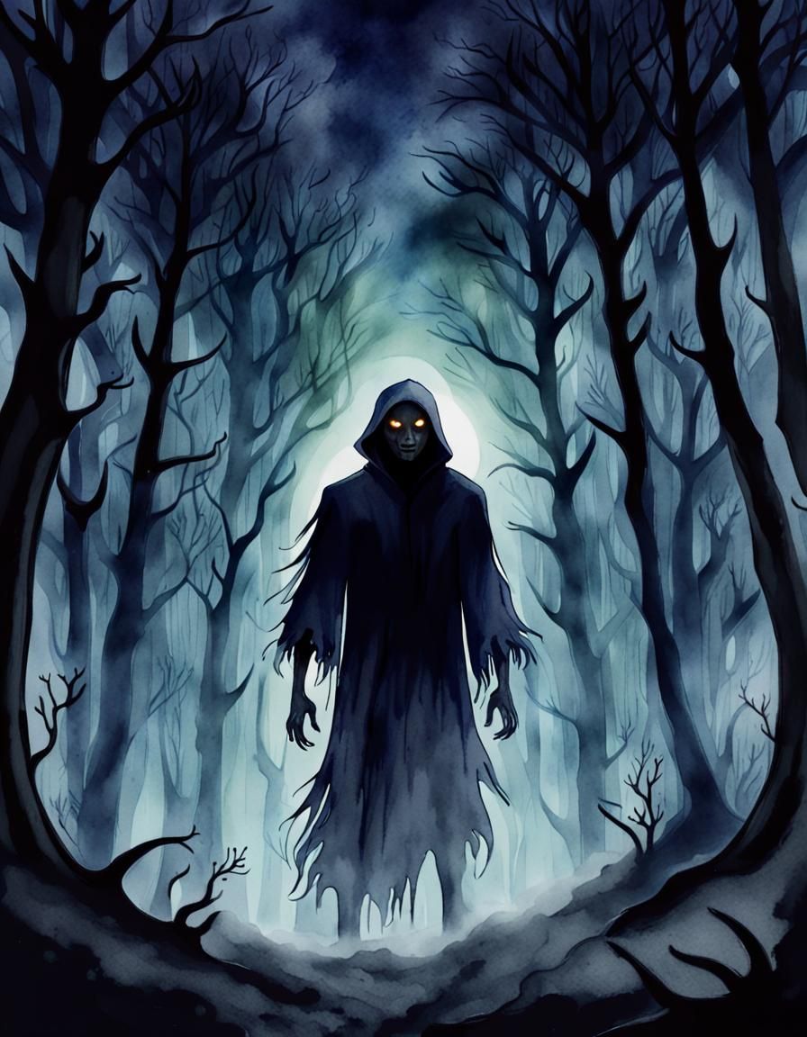 Sinister Shadowman in Foggy Forest: Watercolor Illustration