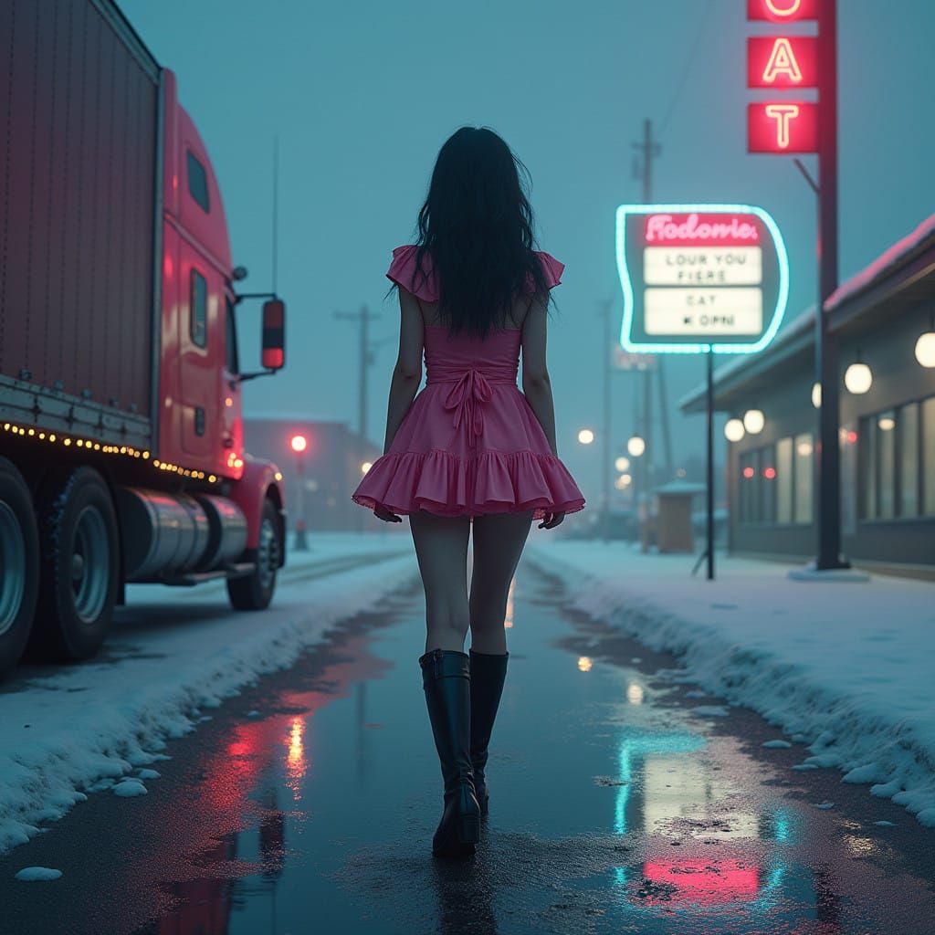 Slender Figure Shivers in Truck Stop Snow, Amidst Diesel Rig...