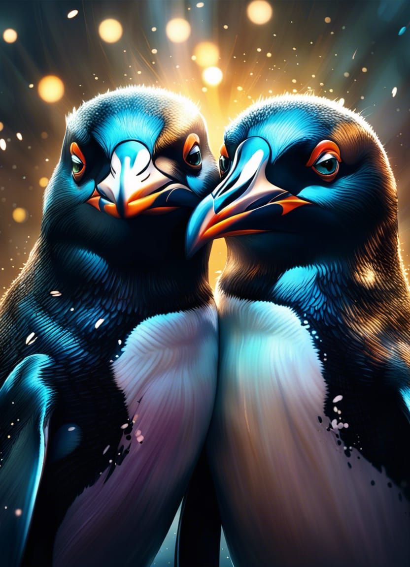 Penguin Embrace with Fireflies: Maximalist Digital Art