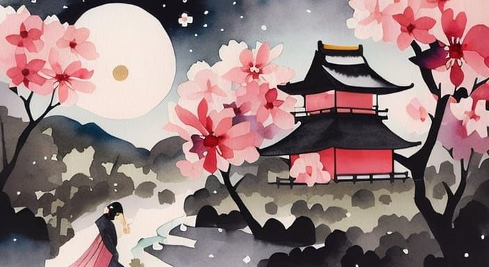 Moonlit Cherry Blossom Village: Japanese Watercolor Illustra...