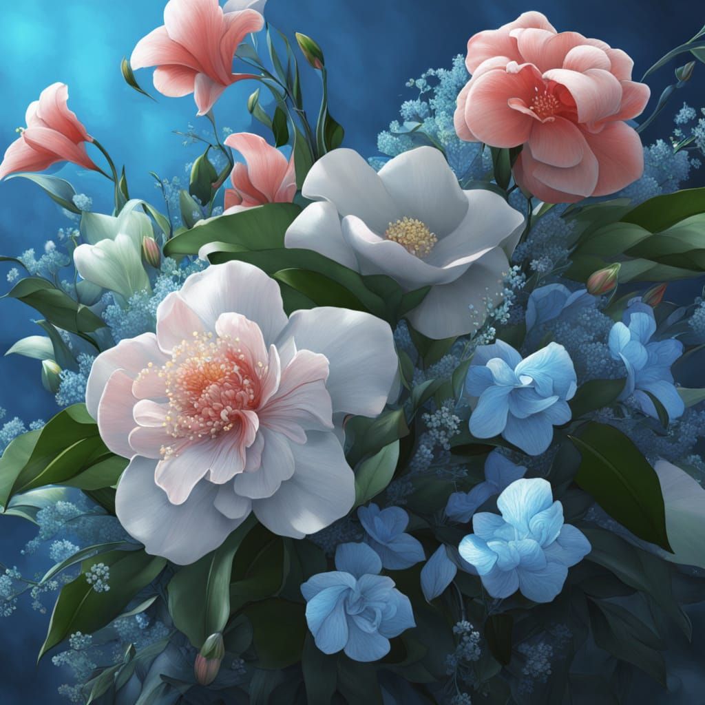 Fantasy Floral Bouquet with Blue Ribbon, Digital Art