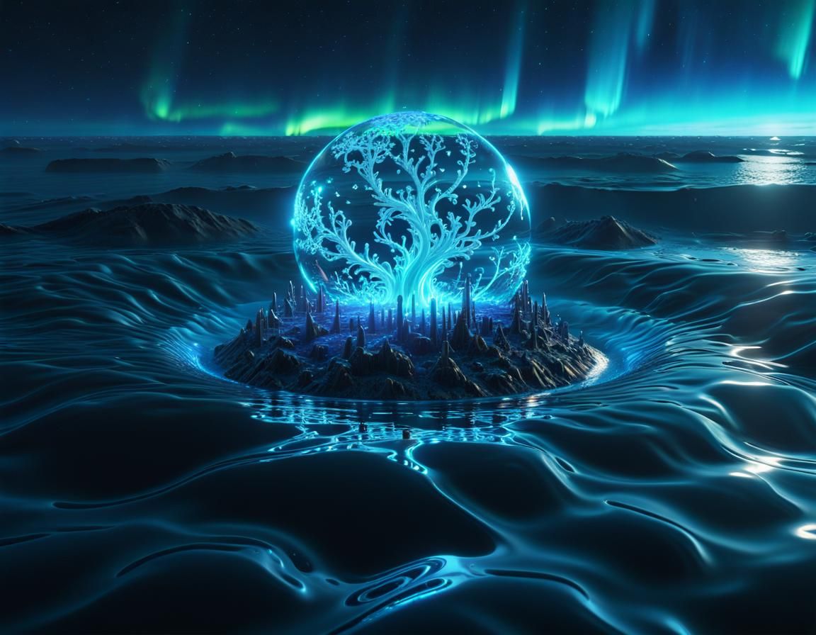 Glowing Blue Microbe with Northern Lights, Sci-Fi Render