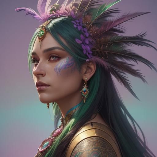 Peacock Haired Woman Portrait in Art Nouveau Style