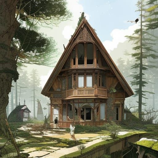 Forest Hut Relics in Solarpunk Victorian Style