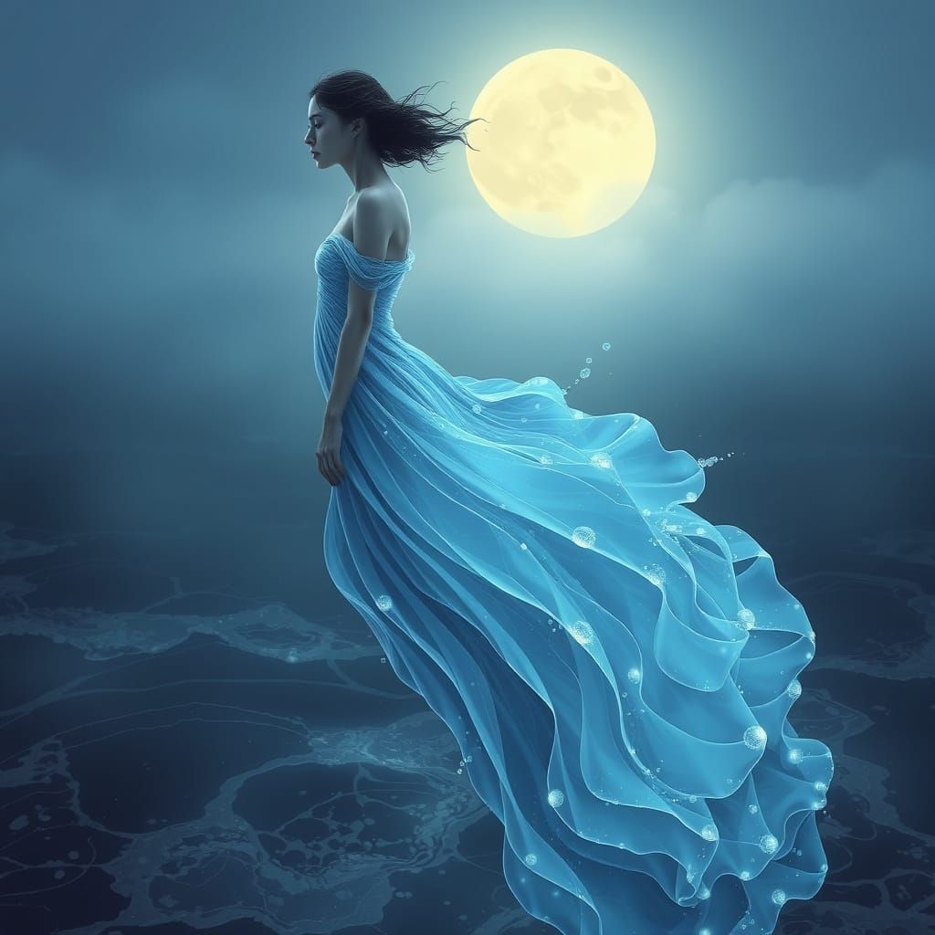 Ethereal Water Woman Emerging From Moonlit Ocean