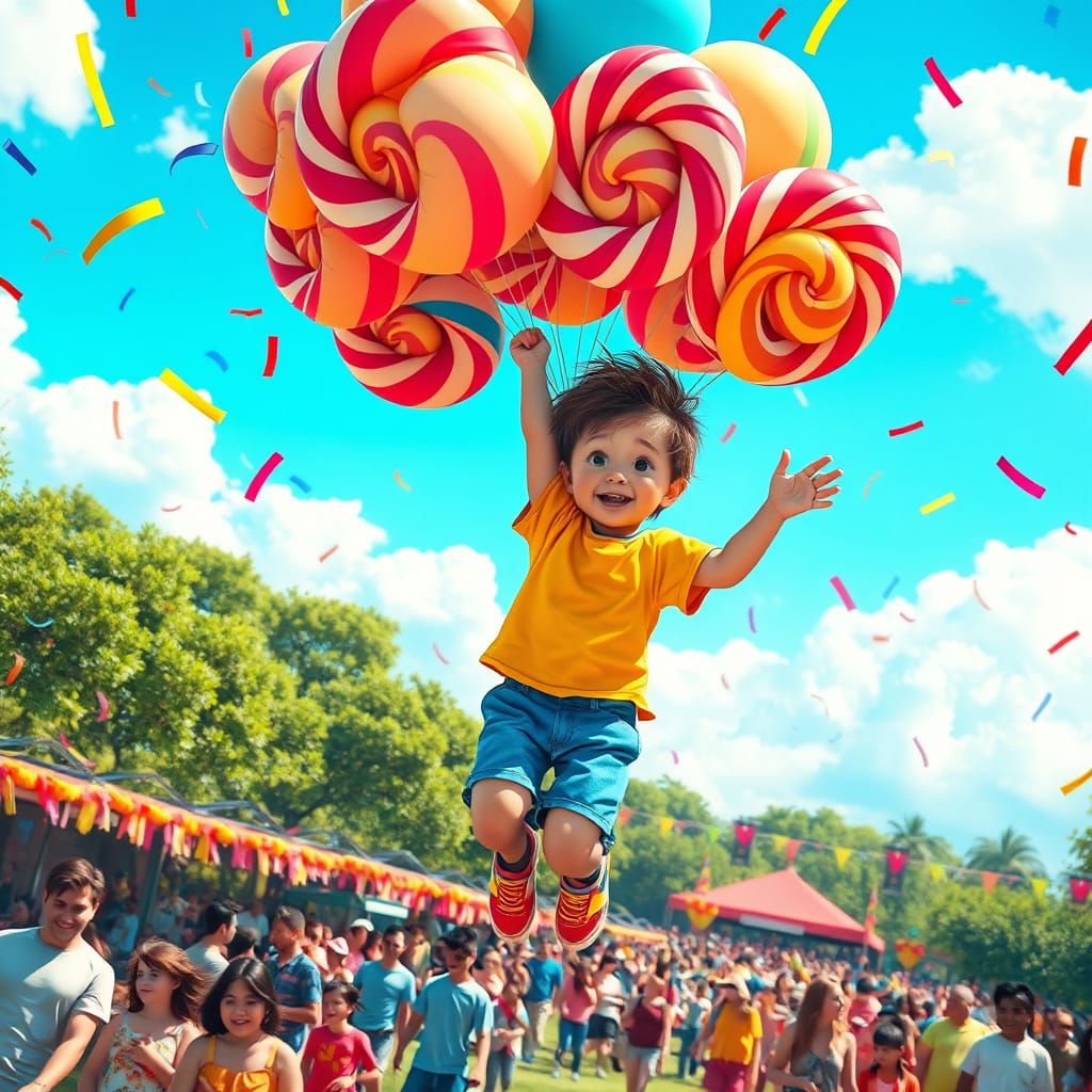 Whimsical Boy Soars Above Vibrant Park in a Kaleidoscope of ...
