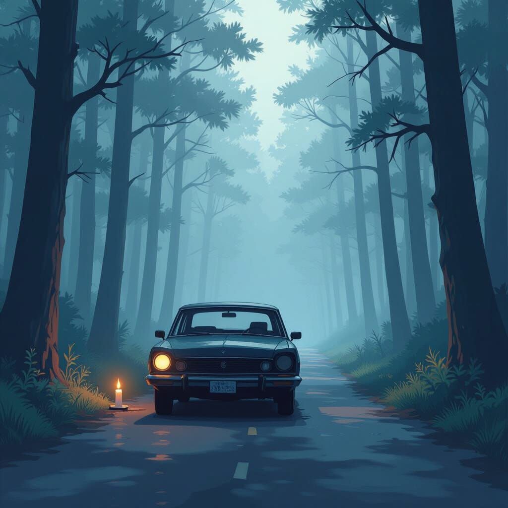 Mysterious Forest Road with Abandoned Car and Candlelight
