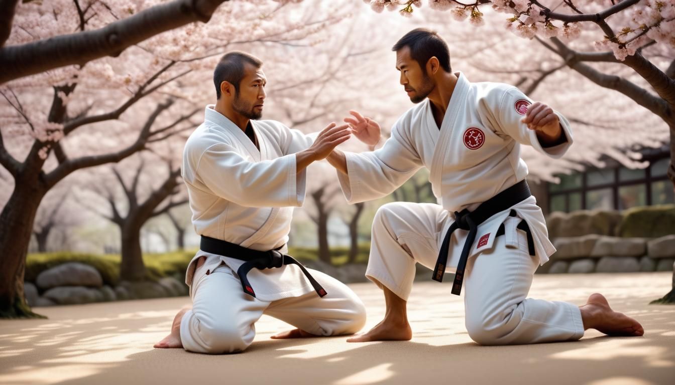 Jiu-Jitsu Master Teaches Student in Cherry Blossom Garden