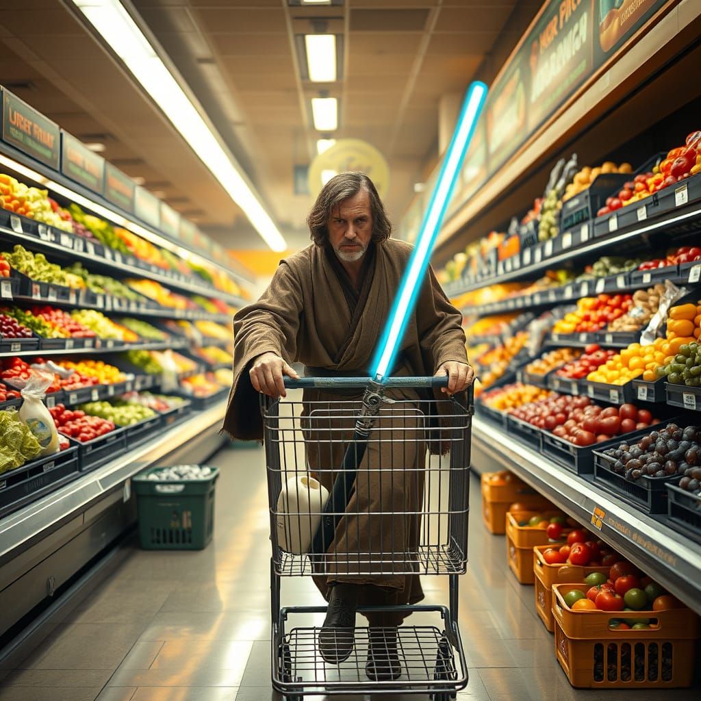 Weary Jedi Knight Navigates Supermarket in Earthy Brown Robe...
