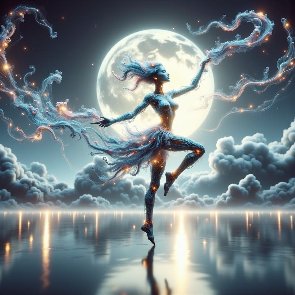 Silhouetted Asian Cyborg Dancing in Moonlight