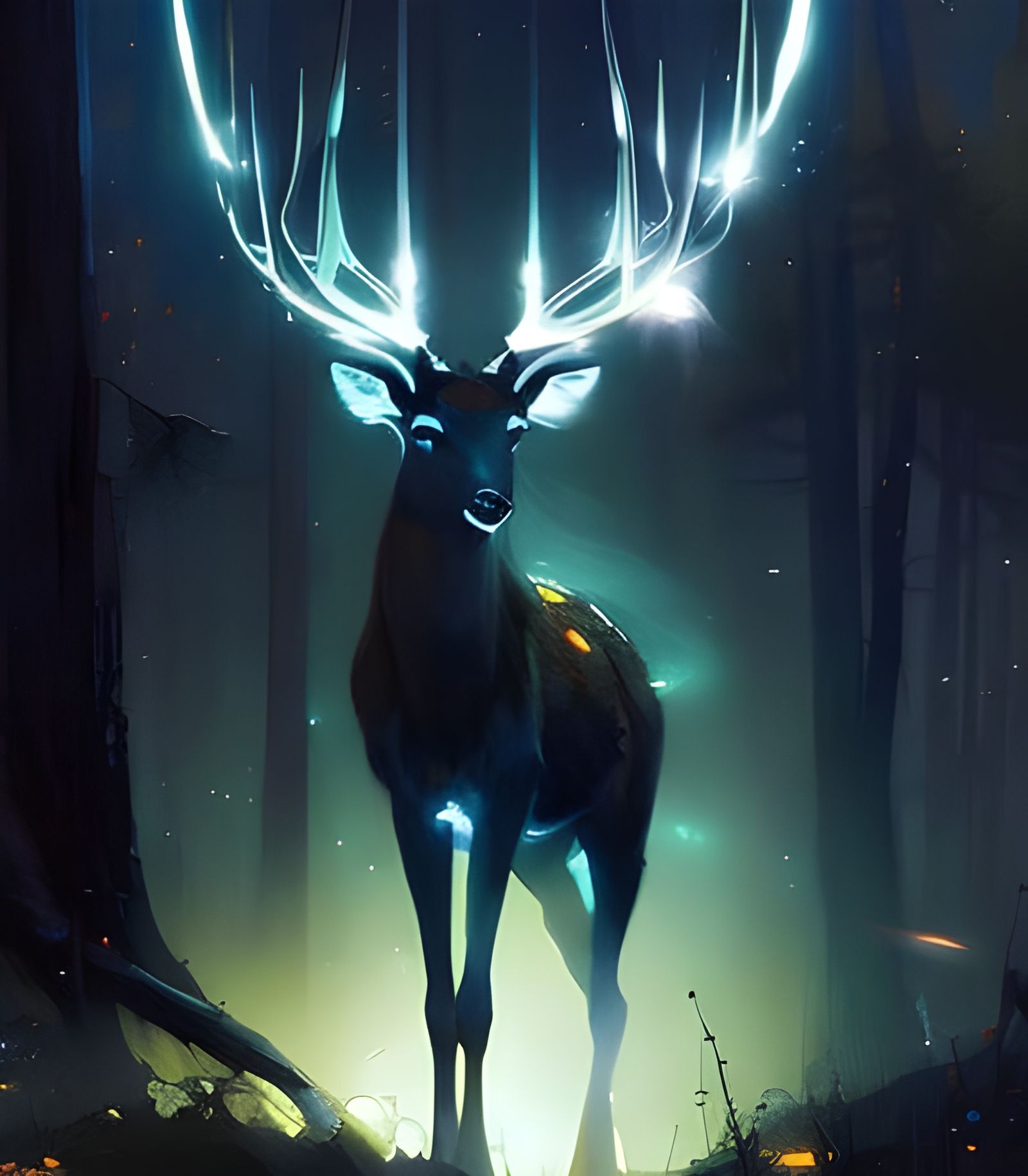 Bioluminescent Deer in Night Forest: Oil Painting