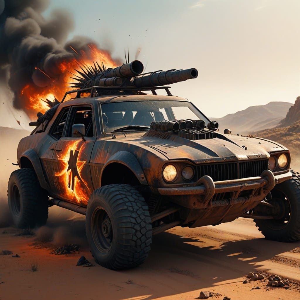 Spiky Vehicle Speeds Through Post-Apocalyptic Desert