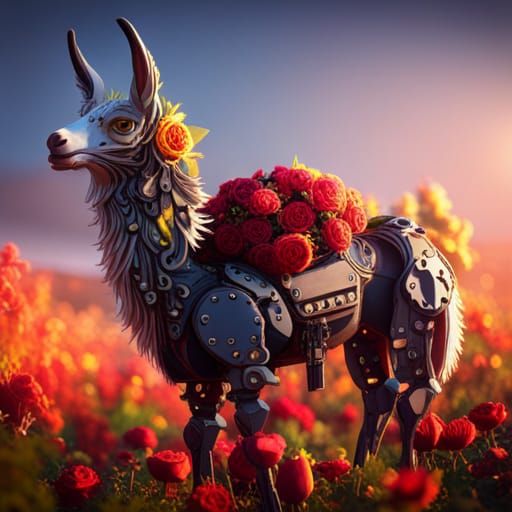 Steampunk Llama in Rose Field, Gothic Sci-Fi