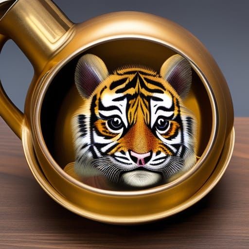 Tiger Cub in Teapot: Cubist Cartoon Illustration