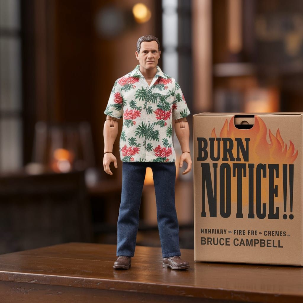 Bruce Campbell Action Figure in Hawaiian Shirt on Mahogany T...
