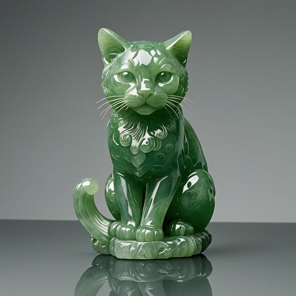 Hyperrealistic Jade Cat Sculpture in 8K