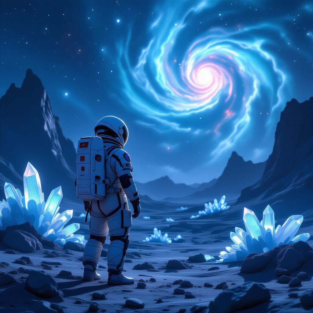 Astronaut Gazing at Nebula on Alien Planet in Matte Painting...