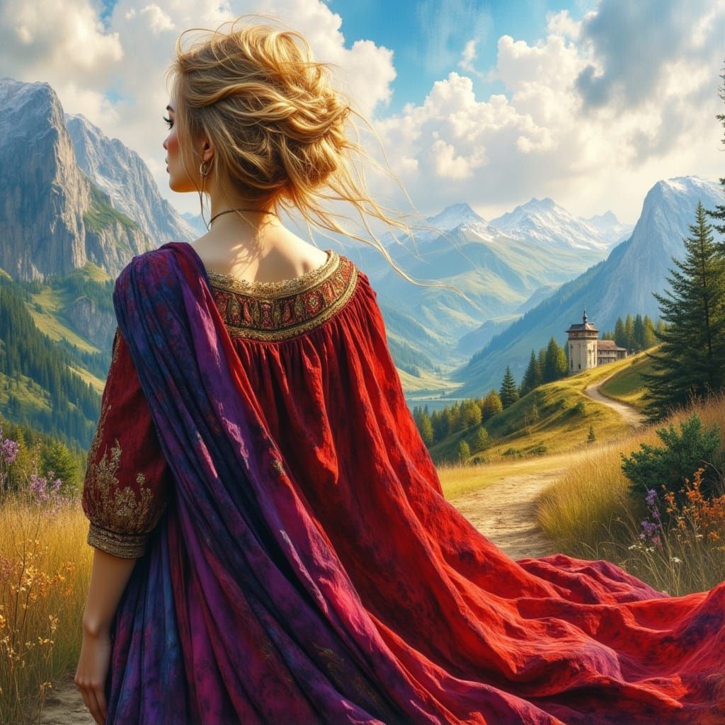 Bard Woman Wanders Arvalae Hills in Red and Purple Dress