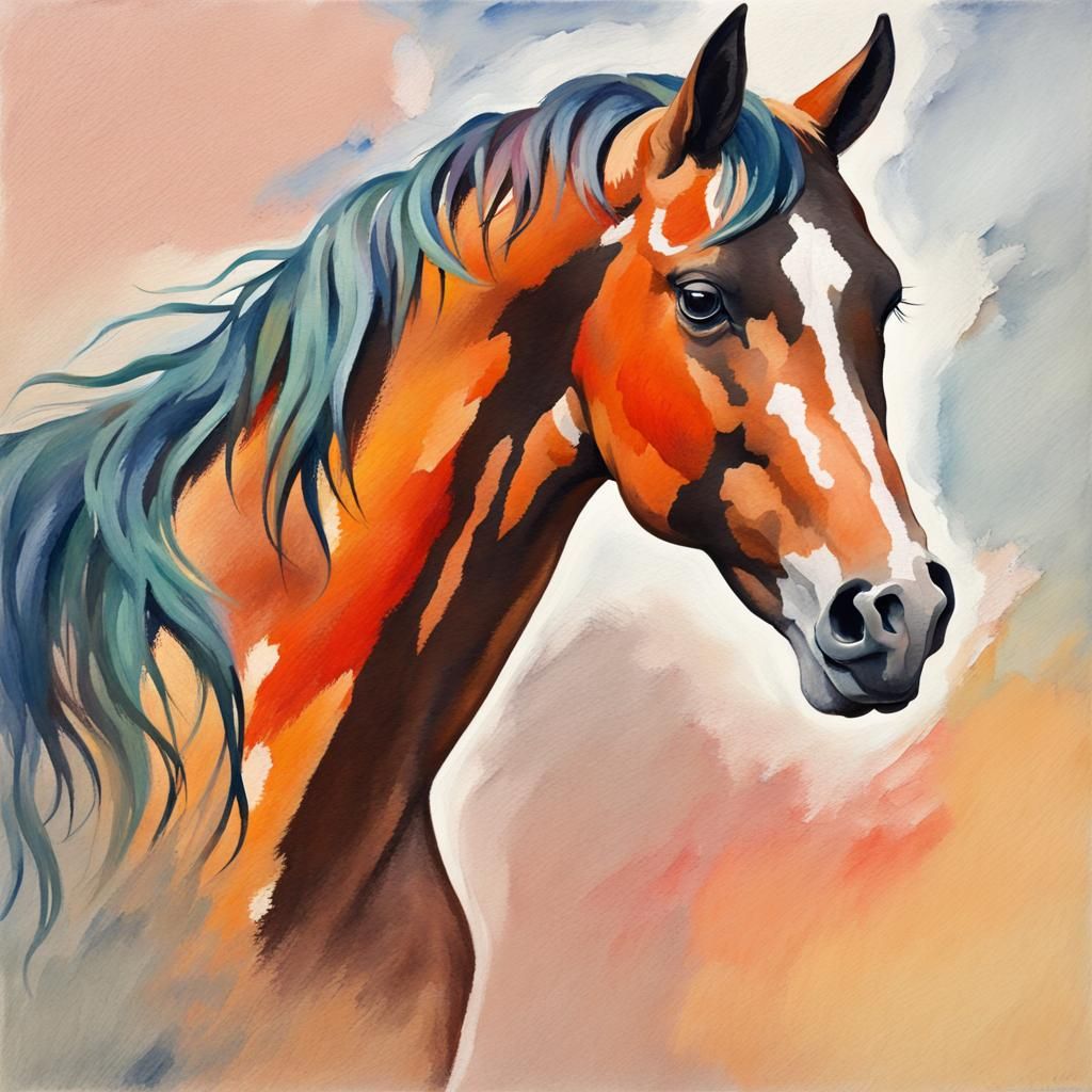 Colorful Horse Portrait in Gouache and Watercolor Style