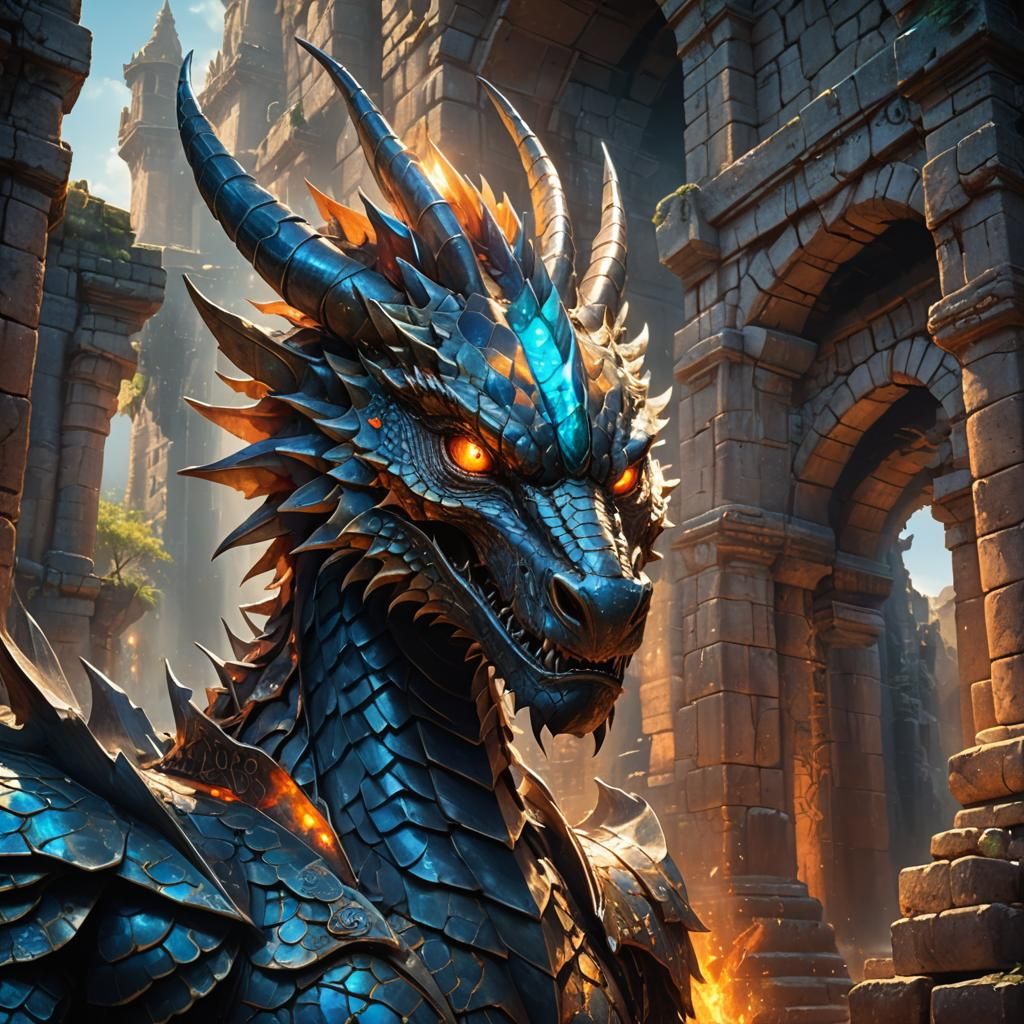 Metal Dragon Head in Mystical Ancient Ruins