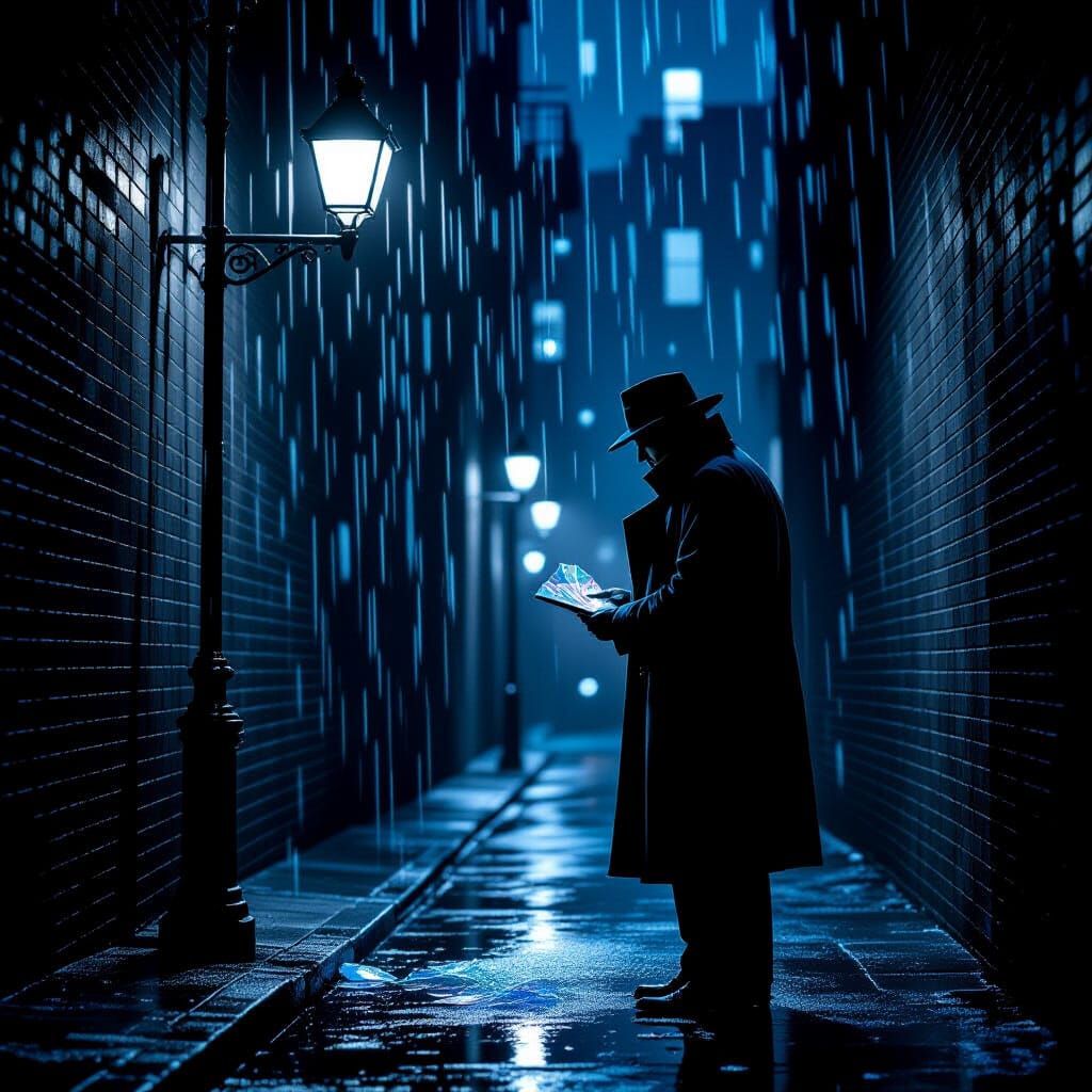 Detective Examines Cryptic Clue in Gritty Film Noir Alley