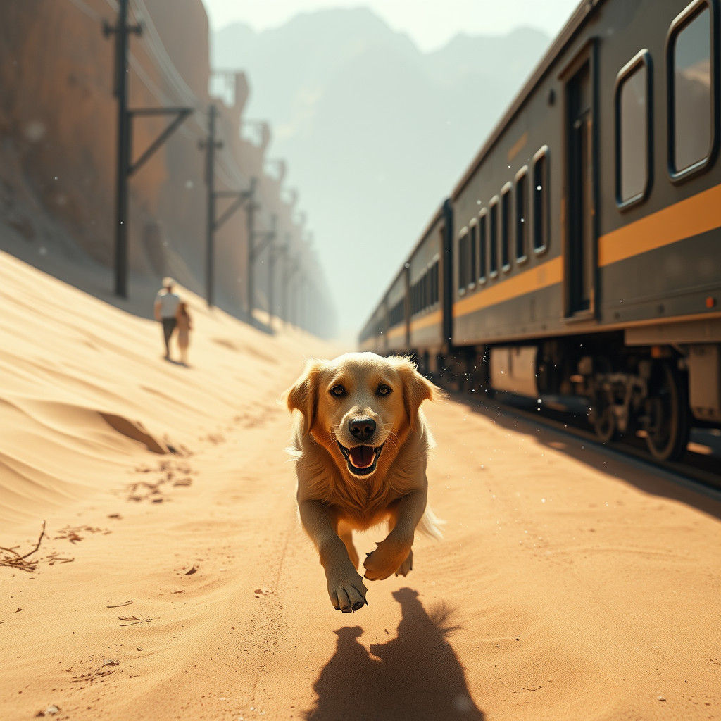 Golden Retriever Runs Through Snowy Desert Landscape