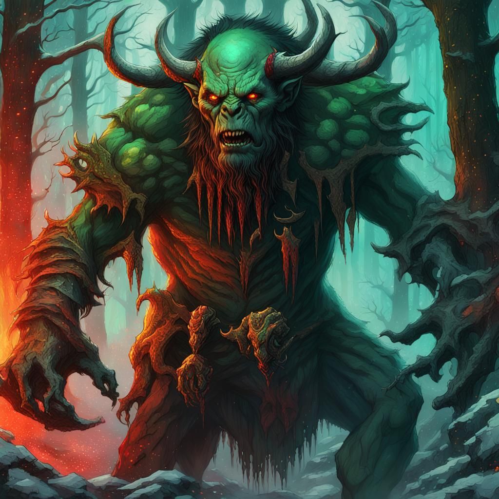 Orc Wendigo Mage Summons Dark Energy in Forest