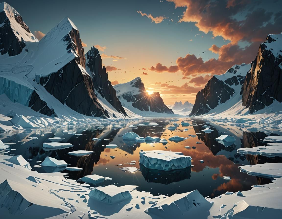 Antarctic Sunrise in Maximalist Digital Art Style