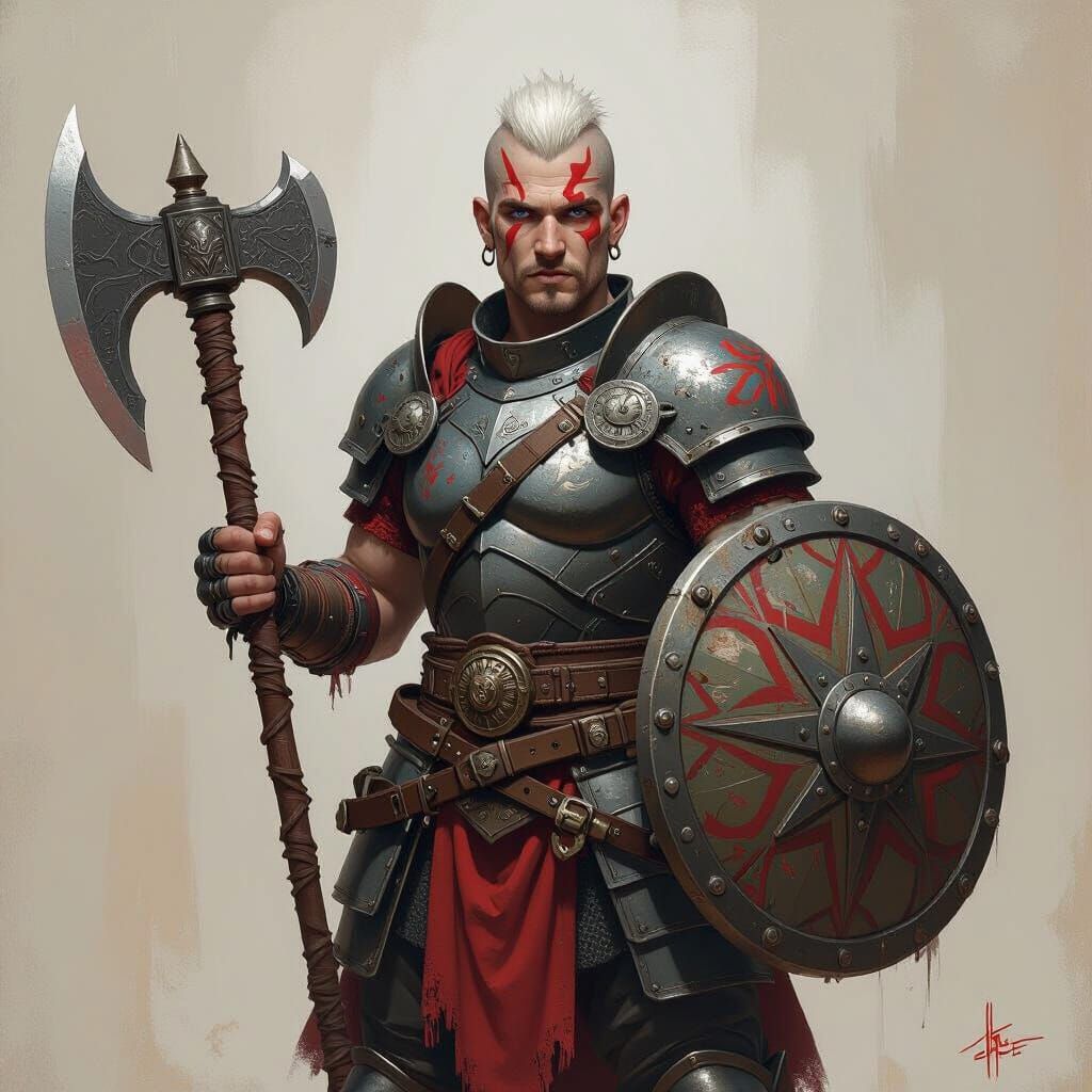 Armored Goliath Warrior Portrait with Tattoos in Digital Art...