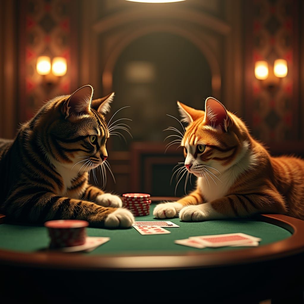 Cats Play Poker in 1930s Speakeasy, Hyperrealistic HDR