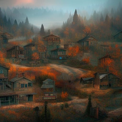 Hyperdetailed Mining Town at Dawn: Matte Painting