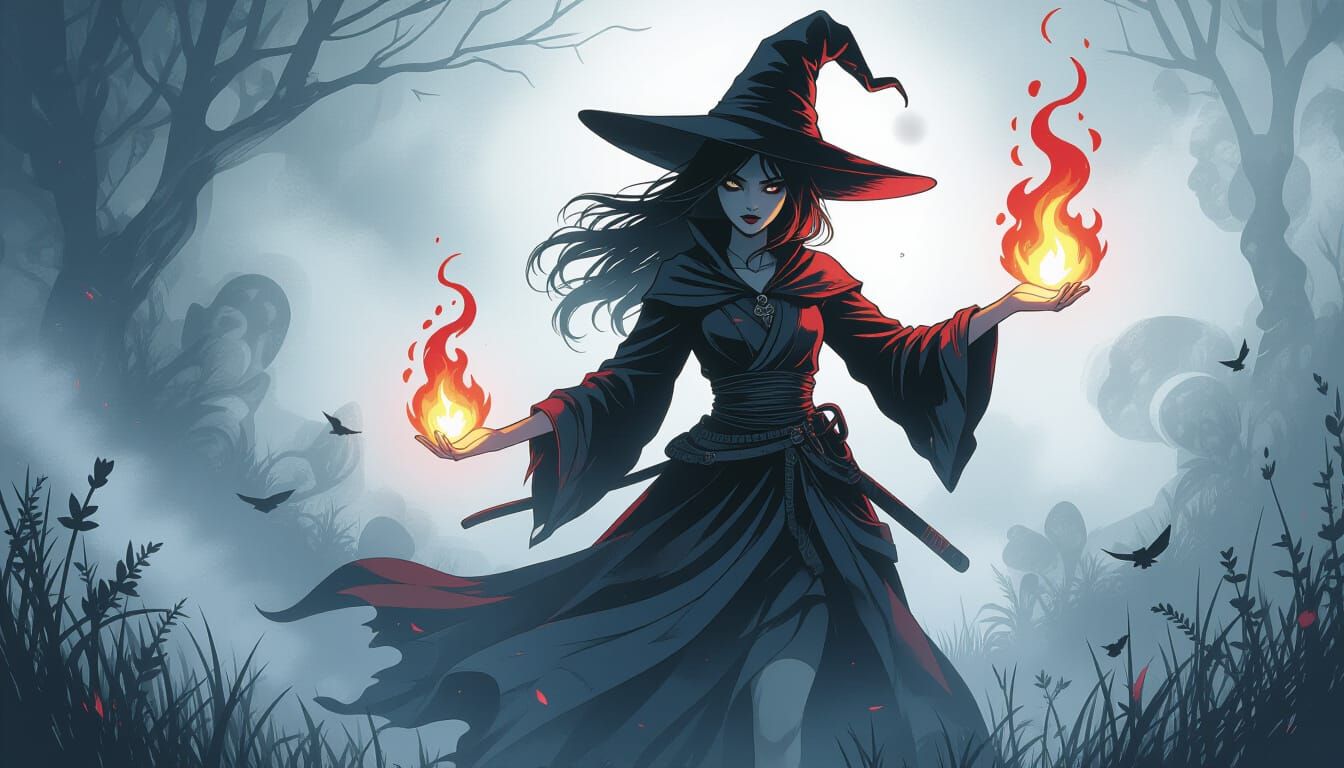 Goth Semi-Cat Girl Witch Dancing in Mist